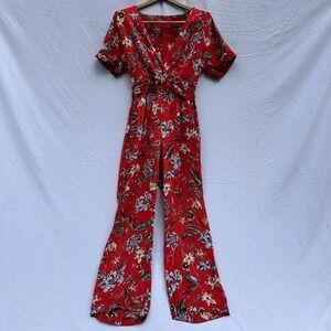 Zara Floral Jumpsuit Wide Leg V‎ Neck Red XS Extra Small